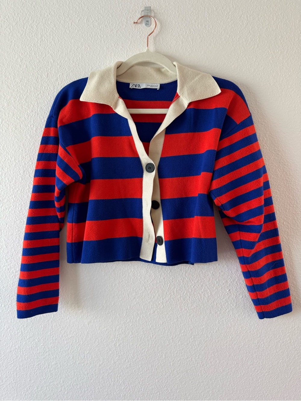 Zara Preppy Blue and Orange Striped Polo-Style Cardigan (M)